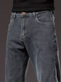 kkboxly  Men's Stylish Cotton Blend Solid Denim Trousers With Pockets, Causal Breathable Slim-fit Jeans For Spring Fall Outdoor Activities
