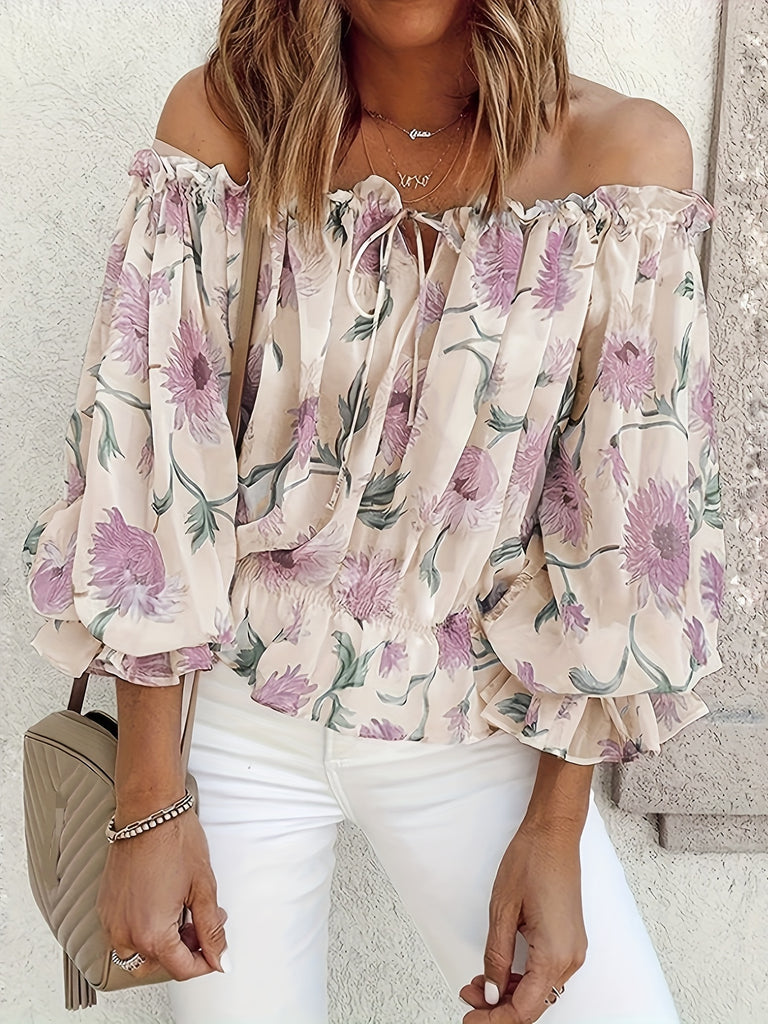 kkboxly  Off Shoulder Floral Print Blouse, Casual Ruffle Trim Blouse, Women's Clothing