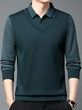 kkboxly Men's Casual Thickened Striped Long Sleeve Shirt, Faux Two-piece Pullover Sweater