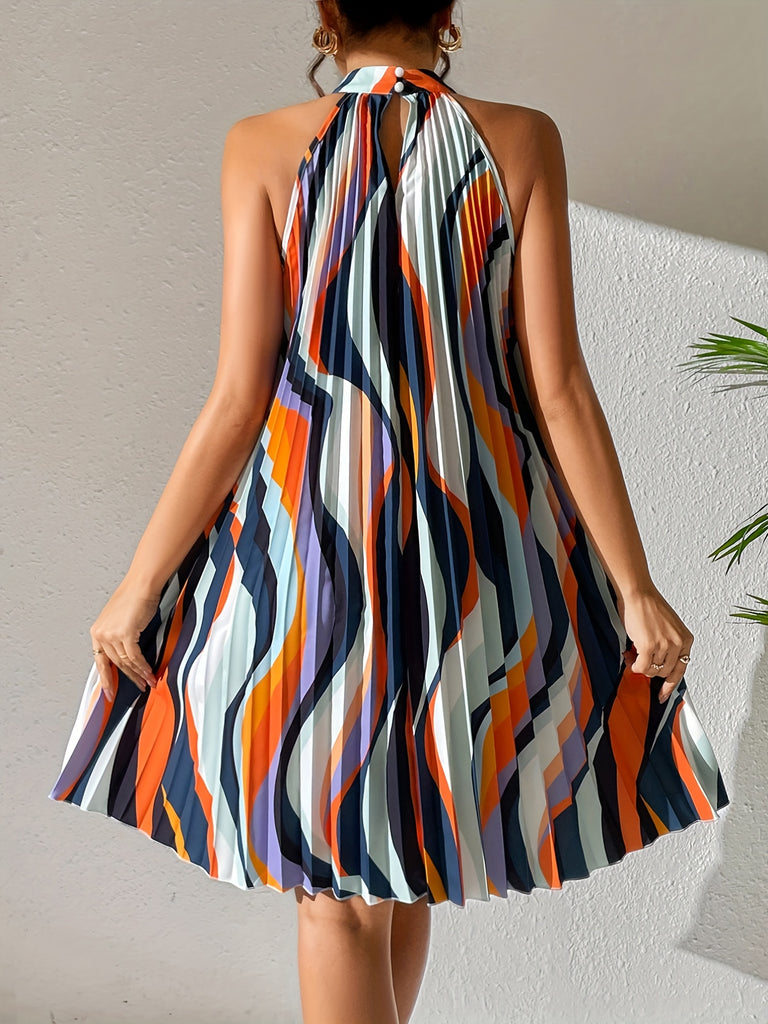 kkboxly  Striped Pleated Halter Neck Dress, Sexy Sleeveless Random Print Dress For Spring & Summer, Women's Clothing