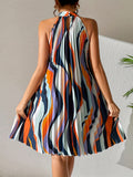 kkboxly  Striped Pleated Halter Neck Dress, Sexy Sleeveless Random Print Dress For Spring & Summer, Women's Clothing