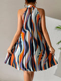 Kkboxly   Striped Pleated Halter Neck Dress, Sexy Sleeveless Random Print Dress For Spring & Summer, Women's Clothing