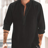 kkboxly  Classic Design Cotton Boat Neck Henley Shirt, Men's Casual Loose Fit Vintage Style Long Sleeve Henley Shirt For Spring Summer