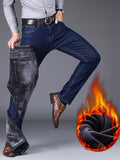 kkboxly  Men's Stylish Loose Fleece Denim Pants With Pockets, Active Breathable Comfy Mid Stretch Straight Leg Trousers For City Walk Street Hanging Outdoor Activities