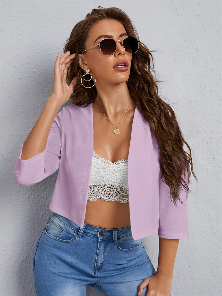 kkboxly  Simple Cropped Blazer, Casual Open Front Work Office Outerwear, Women's Clothing