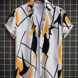 kkboxly  Men's Fashion Digital Printed Resort Lapel Button Up Short Sleeve Shirt,  Trendy Comfy Vacation Shirt