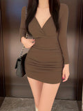 kkboxly  Solid Bodycon Mini Dress, Party Wear V Neck Long Sleeve Dress, Women's Clothing
