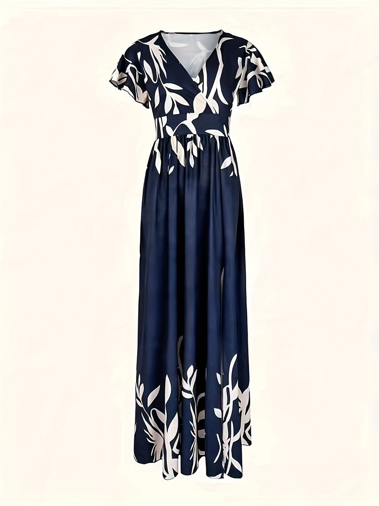 Kkboxly   Floral Print V Neck Dress, Boho Split Short Sleeve Dress For Spring & Summer, Women's Clothing