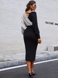 Color Block Batwing Sleeve Dress, Tie-waist V Neck Slim Knit Dress, Women's Clothing