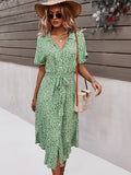 kkboxly  Sexy Floral Print Dress, Casual Short Sleeve V-neck Waist Belt Button Spring & Summer Dresses, Women's Clothing