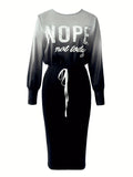 kkboxly Casual Daily Two-piece Set, Letter Print Gradient Long Sleeve Tops & Drawstring Split Skirts Outfits, Women's Clothing