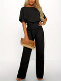 2025 kkboxly  Tie Waist Wide Leg Jumpsuit, Casual Short Sleeve Crew Neck Jumpsuit, Women's Clothing
