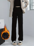 kkboxly Fleece Liner Casual Straight Jeans, High Waist Stretchy Loose Fit Denim Pants, Women's Denim Jeans & Clothing