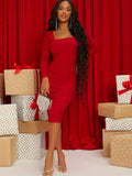 kkboxly  Ruched Square Neck Dress, Elegant Solid Long Sleeve Slim Dress, Women's Clothing