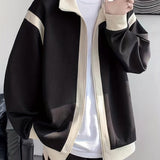 kkboxly  Men's Casual Preppy Style Jacket, Chic Lapel Color Block Jacket