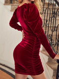 kkboxly  Solid Ruched Bodycon Dress, Elegant V Neck Long Sleeve Party Dress, Women's Clothing