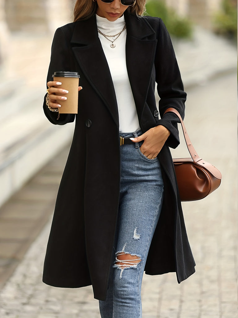 Solid Double Breasted Lapel Overcoat, Versatile Long Sleeve Swing Thermal Coat, Women's Clothing