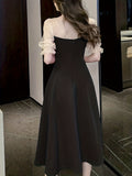 kkboxly  Contrast Mesh Ruffle Dress, Elegant Puff Sleeve Evening Party Dress, Women's Clothing