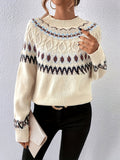 kkboxly  Geo Pattern Crew Neck Pullover Sweater, Casual Long Sleeve Loose Sweater, Women's Clothing