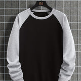 kkboxly  Men's Casual Trendy Crewneck Long Sleeve Color Block Pullover, Loose Oversized Sweatshirt Plus Size