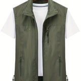 kkboxly  Zipper Pockets Cargo Vest, Men's Casual Outwear Stand Collar Zip Up Vest For Spring Summer Outdoor Fishing Photography