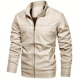 kkboxly  Trendy Casual Fuax Leather Zip Up Bomber Jacket With Zipper Pockets, Men's PU Jacket For Spring Fall Outdoor