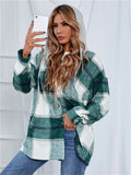 kkboxly  Plus Size Casual Coat, Women's Plus Colorblock Plaid Print Drawstring Hooded Long Sleeve Button Up Overcoat With Pockets