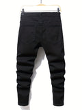 kkboxly  Letter Print Patchwork Slim Fit Jeans, Men's Casual Street Style High Stretch Denim Pants For Spring Summer