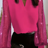 Plus Size Elegant Top, Women's Plus Solid Contrast Mesh Long Sleeve Notched Neck Medium Stretch Top