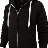 kkboxly  Warm Thick Fleece Lined Coat Solid Color Men's Hooded Jacket Fleece Lined Casual Long Sleeve Sherpa Lined Hoodies With Zipper Hooded Coat For Autumn Winter