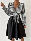 kkboxly Houndstooth Print Splicing Dress, Elegant V Neck Long Sleeve Dress, Women's Clothing
