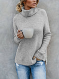 xieyinshe  Solid Turtle Neck Pullover Sweater, Casual Long Sleeve Split Sweater For Fall & Winter, Women's Clothing