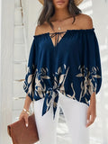 kkboxly  Plus Size Elegant Top, Women's Plus Sunflower Print Off Shoulder Drawstring Lantern Sleeve Cut Out Top