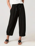 kkboxly  Plus Size Casual Pants, Women's Plus Solid Drawstring Straight Leg Pants With Pockets
