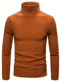 kkboxly Turtle Neck Knitted Slim Fit Sweater, Men's Casual Warm Solid High Stretch Pullover Sweater For Fall Winter