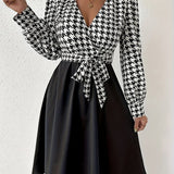 Houndstooth Print Splicing Dress, Elegant V Neck Long Sleeve Dress, Women's Clothing