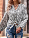 kkboxly  Stripe Print Belted Blouse, Casual V Neck Button Lantern Sleeve Long Sleeve Blouse, Women's Clothing