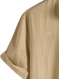 kkboxly  Men's Cotton & Linen Striped Half Button Shirt