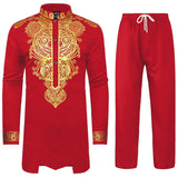 kkboxly Men's African 2 Piece Set Long Sleeve Gold Print Dashiki And Pants Outfit Traditional Suit