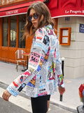 Newspaper Print Lapel Blazer, Casual One Button Long Sleeve Outerwear, Women's Clothing