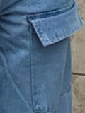 kkboxly  Mid Rise Flap Pocket Cargo Jeans, Washed Blue Loose Solid Color Wide Leg Denim Pants, Women's Denim Jeans & Clothing
