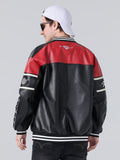 kkboxly  Men's Stylish Color Matching Embroidery Pattern PU Leather Jacket With Pockets, Casual Breathable Baseball Collar Button Up Long Sleeve Jacket For Spring Fall