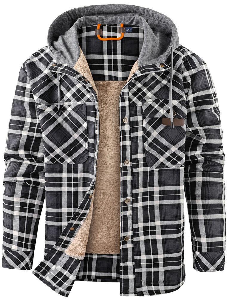 kkboxly  100% Cotton Classic Plaid Men's Hooded Jacket Fleece Lined Casual Long Sleeve Sherpa Lined Hoodies Hooded Shirt Coat For Autumn Winter