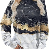 kkboxly   Marble Print Crew Neck Sweatshirt, Casual Long Sleeve Versatile Sweatshirt, Women's Clothing
