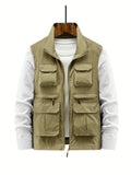 kkboxly  Multi Zipper Pockets Vest, Men's Casual Stand Collar Zip Up Vest For Spring Summer Outdoor Fishing Hiking