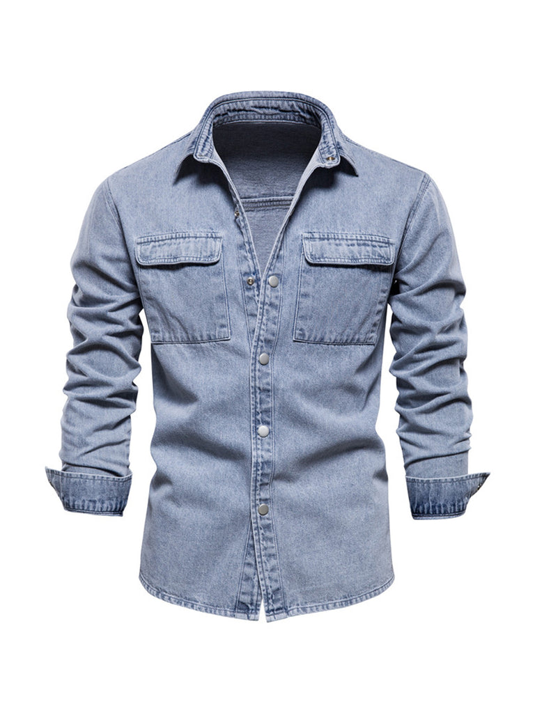 kkboxly  Men's Denim Shirt Solid Color Thick Long Sleeve Button Down Shirt Spring Autumn Jeans Shirt