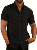 kkboxly  Men's Shirt Top, Linen & Cotton Blend, Turn-Down Collar Button Up Short Sleeves Lapel Closure Regular Fit Male Casual Shirt For Daily