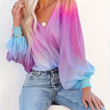 kkboxly  Gradient Print Surplice Neck Blouse, Casual Lantern Long Sleeve Blouse For Spring & Fall, Women's Clothing