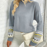 kkboxly  Graphic Print Mock Neck Pullover Sweater, Casual Long Sleeve Sweater For Fall & Winter, Women's Clothing