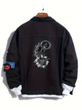 kkboxly  Bird Embroidery Denim Jacket, Men's Casual Flap Pocket Button Up Jacket For Fall Winter